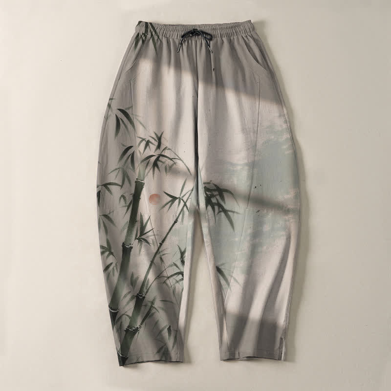 Buddha Stones Pantalon fuselé pour homme en pur coton, motif bambou, cordon de serrage et poches - image 2