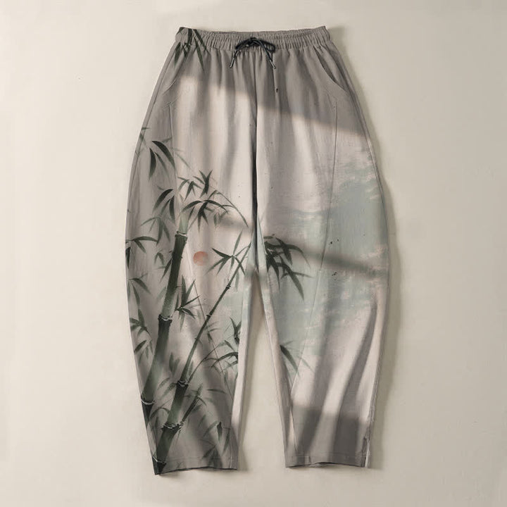 Buddha Stones Pantalon fuselé pour homme en pur coton, motif bambou, cordon de serrage et poches - image 2