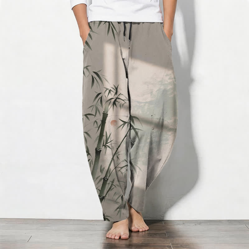 Buddha Stones Pantalon fuselé pour homme en pur coton, motif bambou, cordon de serrage et poches - Tanné - US/UK/AU50，EU60 (5XL) - image 0
