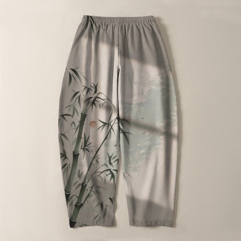 Buddha Stones Pantalon fuselé pour homme en pur coton, motif bambou, cordon de serrage et poches - image 3