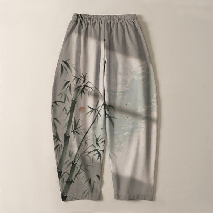 Buddha Stones Pantalon fuselé pour homme en pur coton, motif bambou, cordon de serrage et poches - image 3