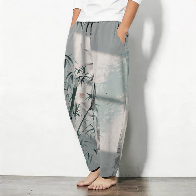 Buddha Stones Pantalon fuselé pour homme en pur coton, motif bambou, cordon de serrage et poches - image 8