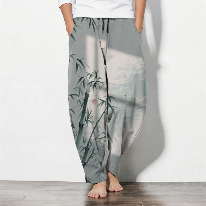 Buddha Stones Pantalon fuselé pour homme en pur coton, motif bambou, cordon de serrage et poches - Gris clair - US/UK/AU50，EU60 (5XL) - image 7