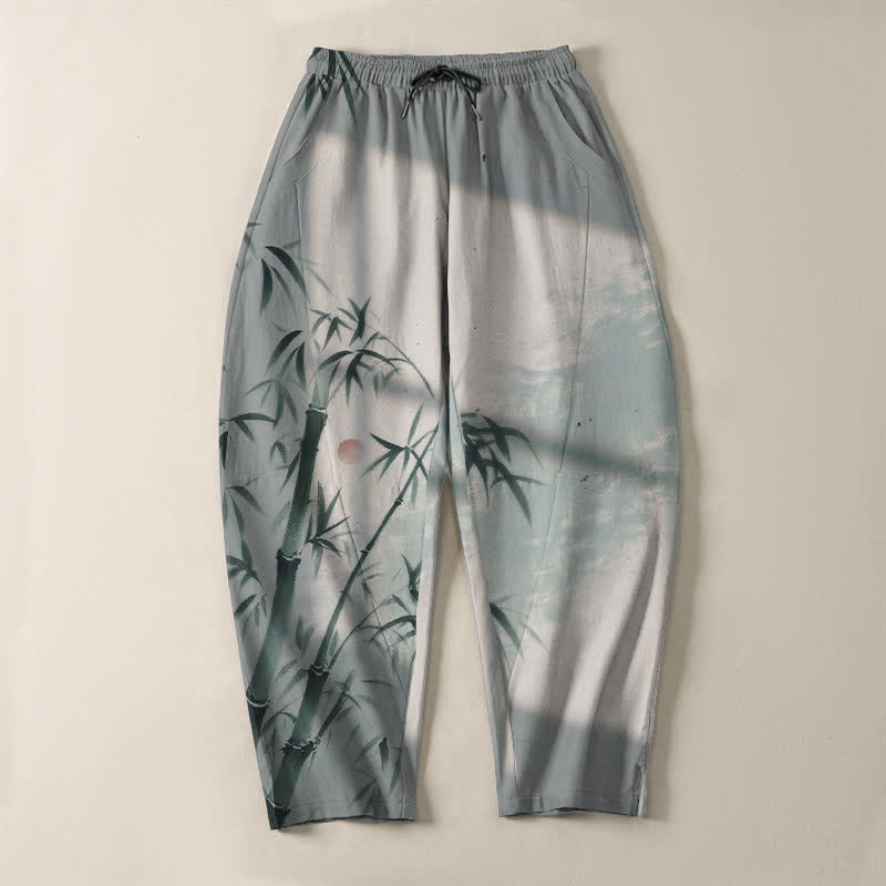 Buddha Stones Pantalon fuselé pour homme en pur coton, motif bambou, cordon de serrage et poches - image 9