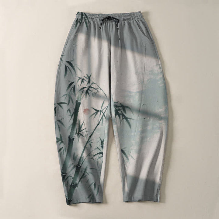Buddha Stones Pantalon fuselé pour homme en pur coton, motif bambou, cordon de serrage et poches - image 9