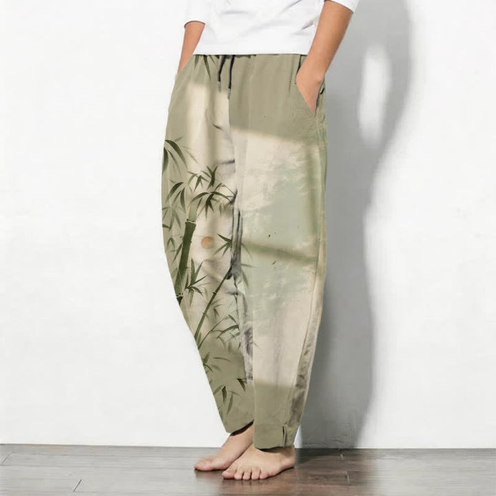Buddha Stones Pantalon fuselé pour homme en pur coton, motif bambou, cordon de serrage et poches - image 12