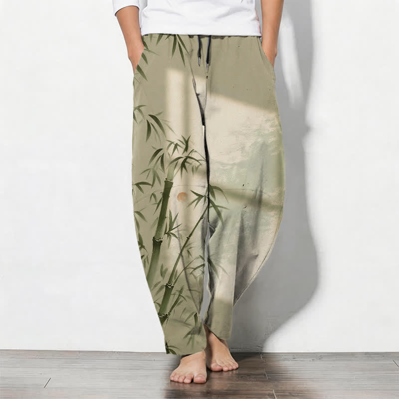 Buddha Stones Pantalon fuselé pour homme en pur coton, motif bambou, cordon de serrage et poches - Kaki foncé - US/UK/AU50，EU60 (5XL) - image 11