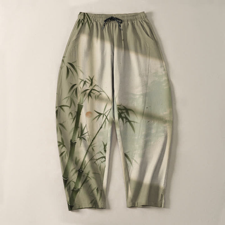 Buddha Stones Pantalon fuselé pour homme en pur coton, motif bambou, cordon de serrage et poches - image 13