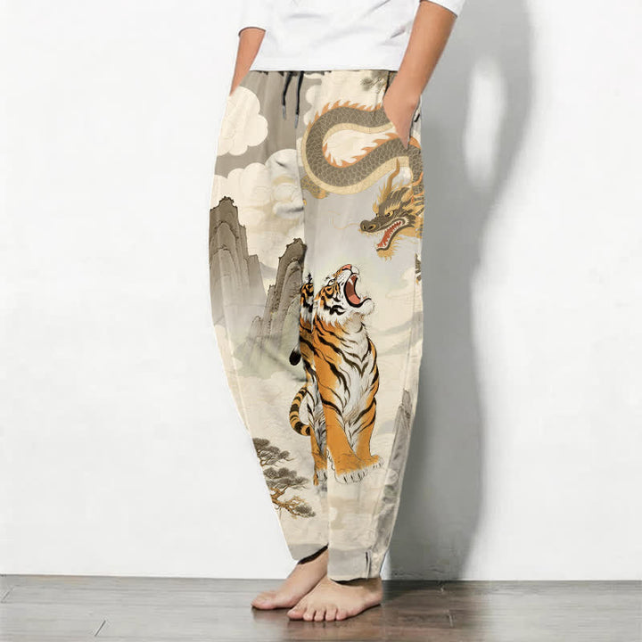 Buddha Stones Pantalon fuselé pour homme en pur coton avec cordon de serrage et poches, motif paysage tigre et dragon. - image 1