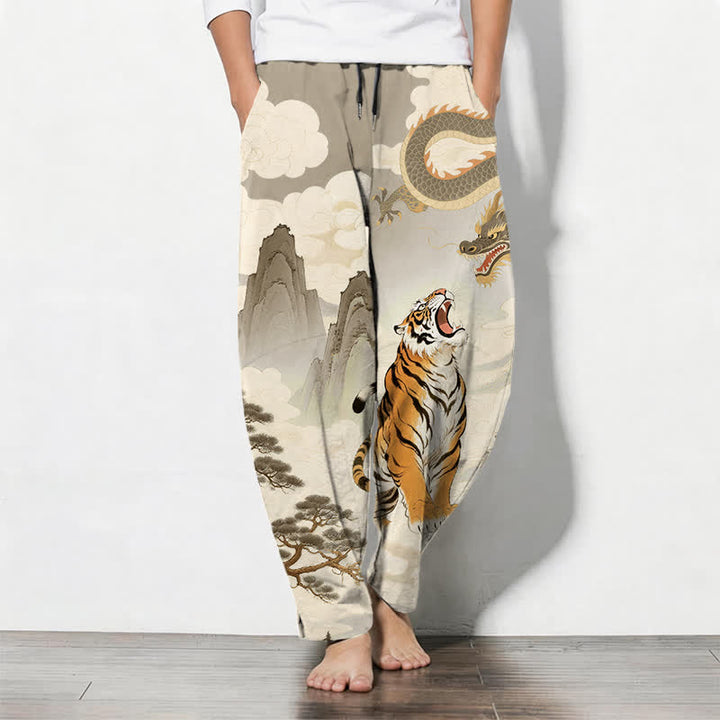 Buddha Stones Pantalon fuselé pour homme en pur coton avec cordon de serrage et poches, motif paysage tigre et dragon. - Tanné - US/UK/AU50，EU60 (5XL) - image 0