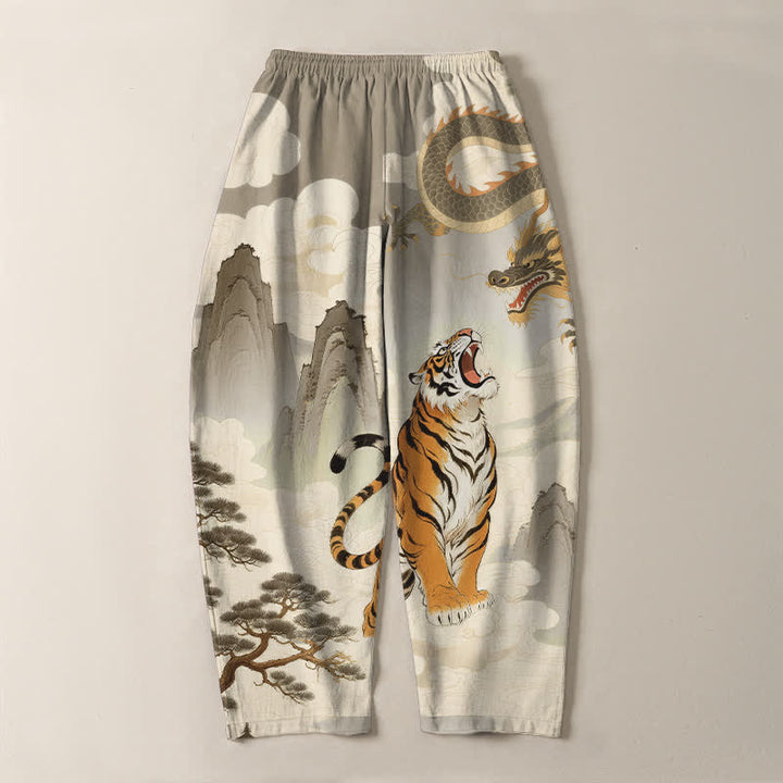 Buddha Stones Pantalon fuselé pour homme en pur coton avec cordon de serrage et poches, motif paysage tigre et dragon. - image 3