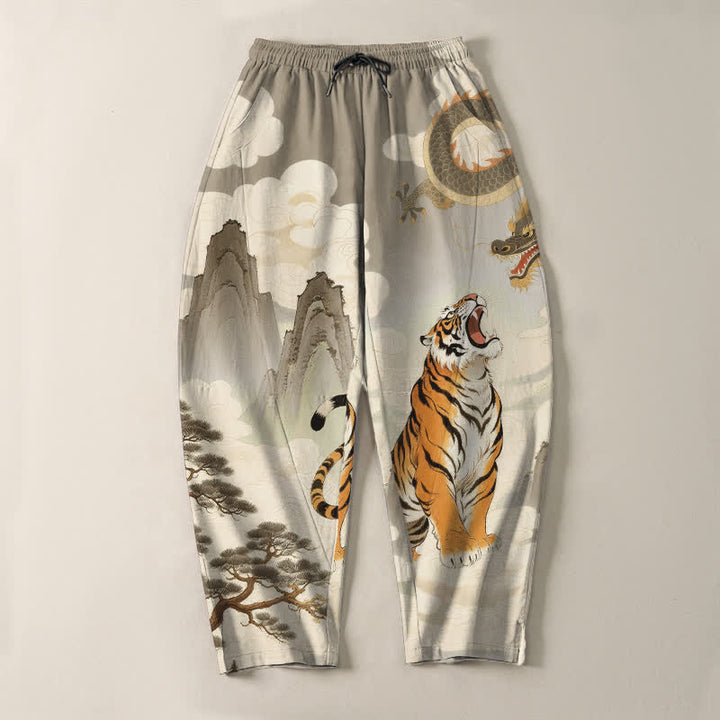 Buddha Stones Pantalon fuselé pour homme en pur coton avec cordon de serrage et poches, motif paysage tigre et dragon. - image 2