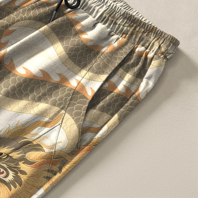 Buddha Stones Pantalon fuselé pour homme en pur coton avec cordon de serrage et poches, motif paysage tigre et dragon. - image 4