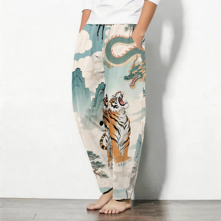 Buddha Stones Pantalon fuselé pour homme en pur coton avec cordon de serrage et poches, motif paysage tigre et dragon. - image 8