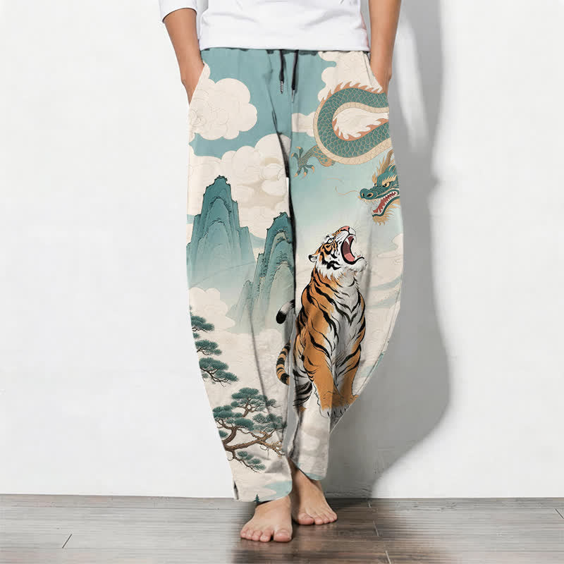 Buddha Stones Pantalon fuselé pour homme en pur coton avec cordon de serrage et poches, motif paysage tigre et dragon. - Turquoise pâle - US/UK/AU50，EU60 (5XL) - image 7