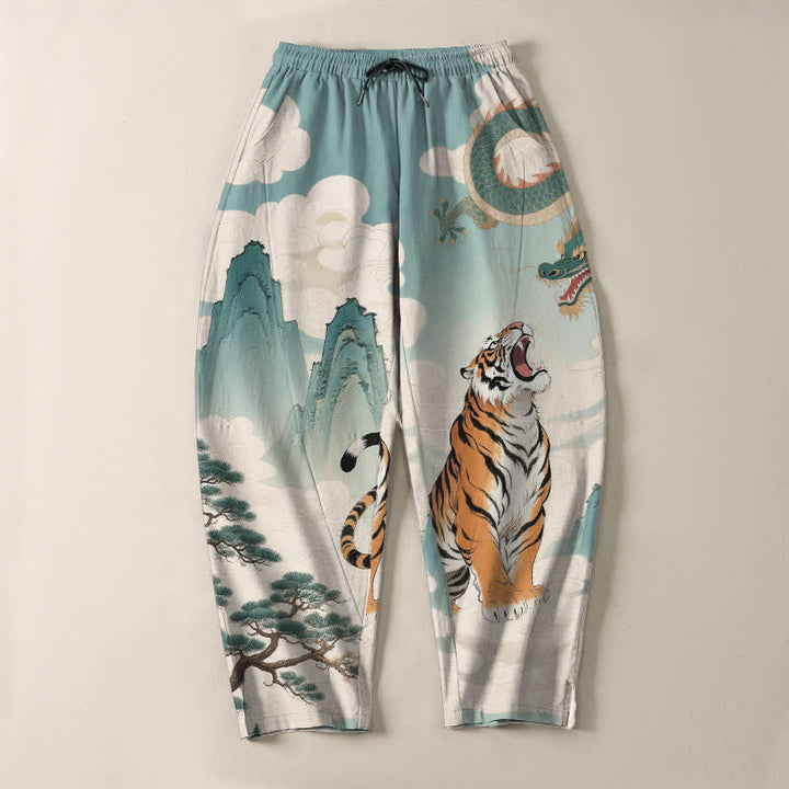 Buddha Stones Pantalon fuselé pour homme en pur coton avec cordon de serrage et poches, motif paysage tigre et dragon. - image 9