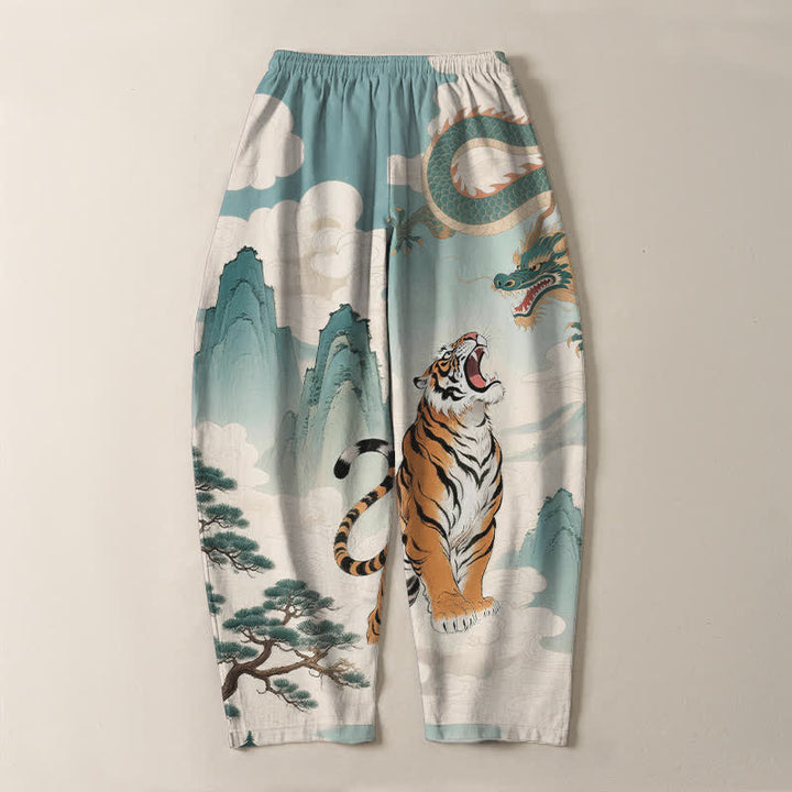 Buddha Stones Pantalon fuselé pour homme en pur coton avec cordon de serrage et poches, motif paysage tigre et dragon. - image 10