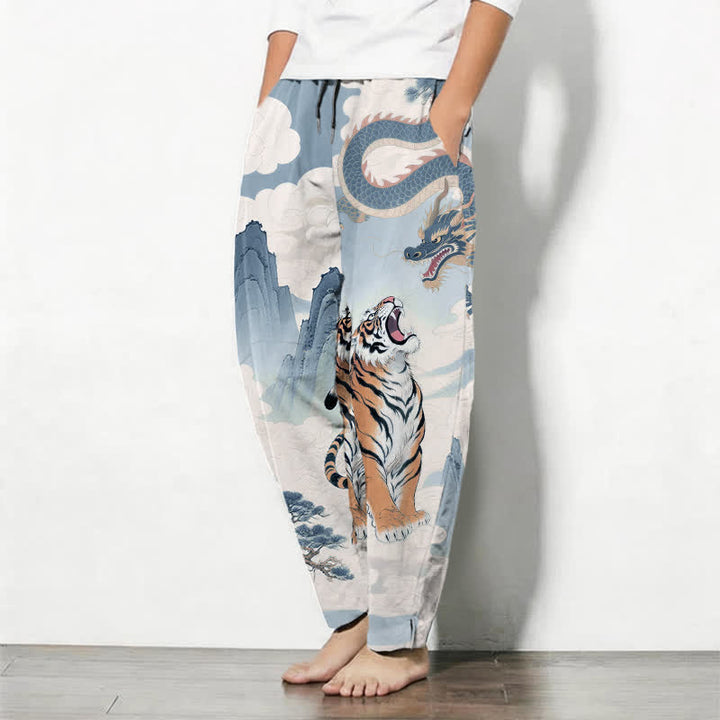 Buddha Stones Pantalon fuselé pour homme en pur coton avec cordon de serrage et poches, motif paysage tigre et dragon. - image 15