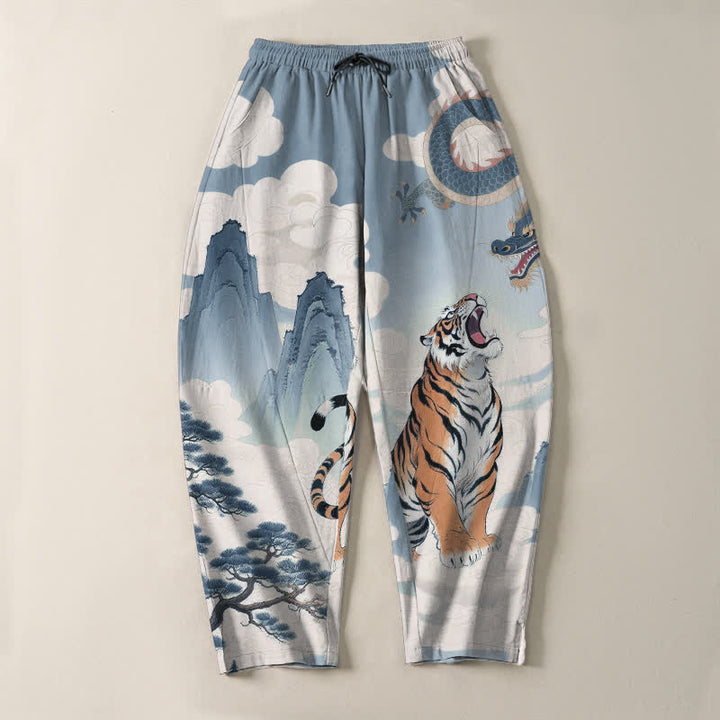 Buddha Stones Pantalon fuselé pour homme en pur coton avec cordon de serrage et poches, motif paysage tigre et dragon. - image 16