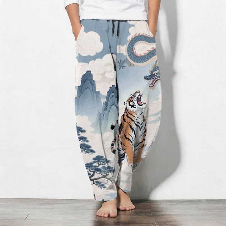 Buddha Stones Pantalon fuselé pour homme en pur coton avec cordon de serrage et poches, motif paysage tigre et dragon. - Bleu clair - US/UK/AU50，EU60 (5XL) - image 14
