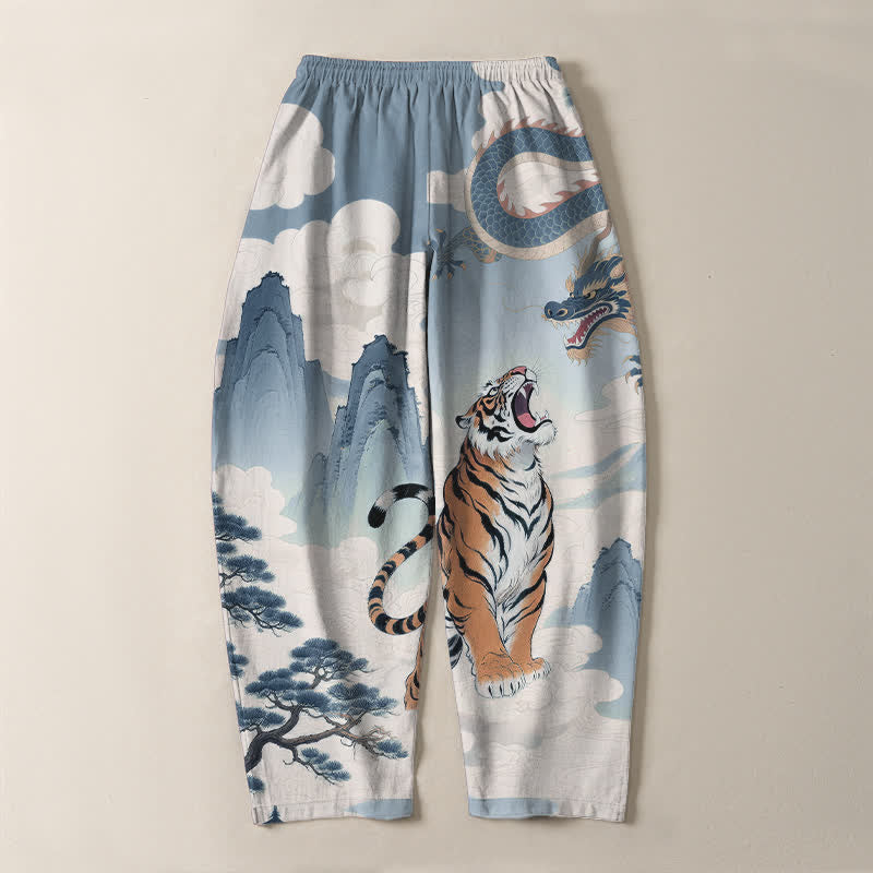 Buddha Stones Pantalon fuselé pour homme en pur coton avec cordon de serrage et poches, motif paysage tigre et dragon. - image 17