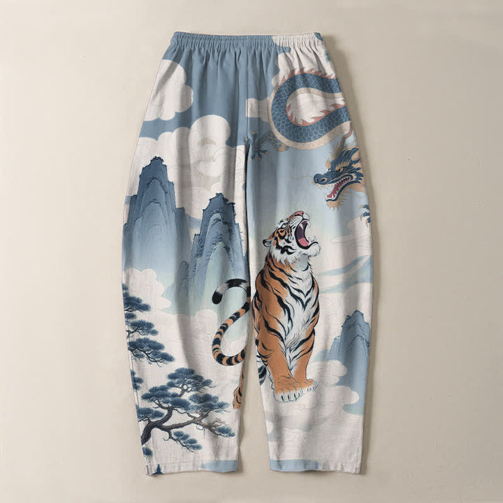 Buddha Stones Pantalon fuselé pour homme en pur coton avec cordon de serrage et poches, motif paysage tigre et dragon. - image 17