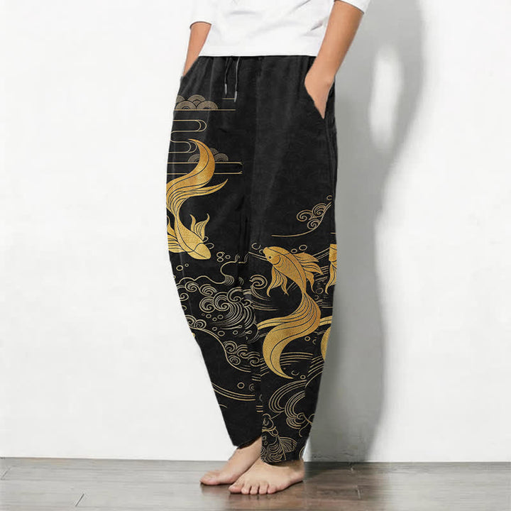 Buddha Stones Pantalon fuselé pour homme en pur coton avec cordon de serrage, motif vagues de carpes koï dorées et poches - image 1