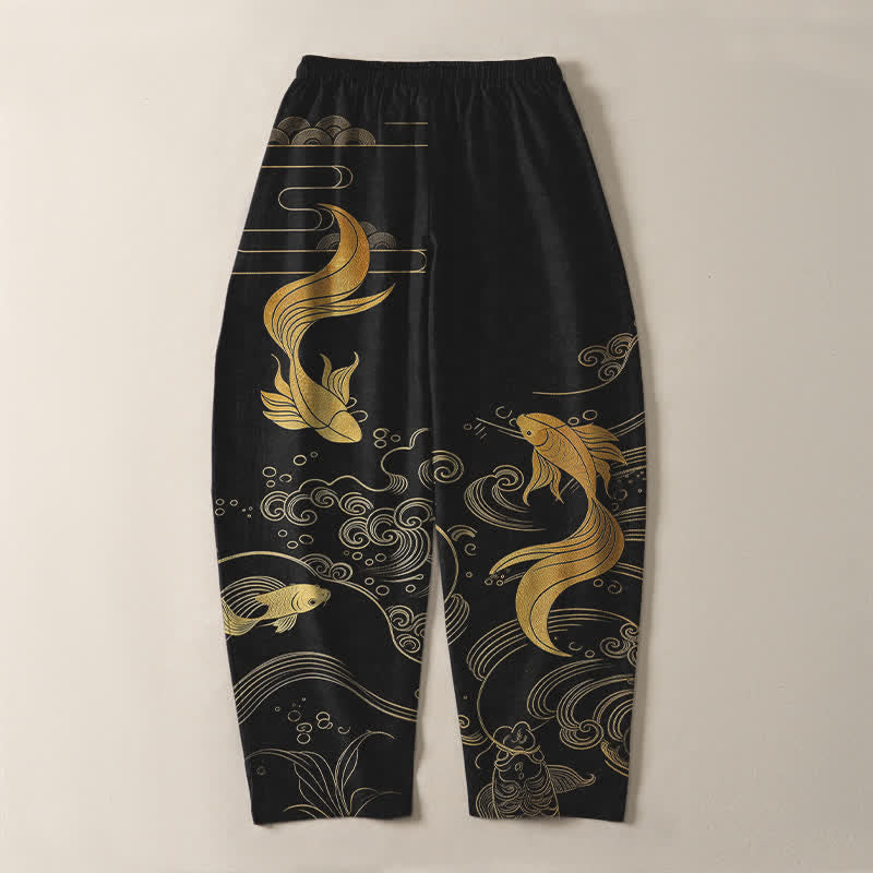 Buddha Stones Pantalon fuselé pour homme en pur coton avec cordon de serrage, motif vagues de carpes koï dorées et poches - image 3