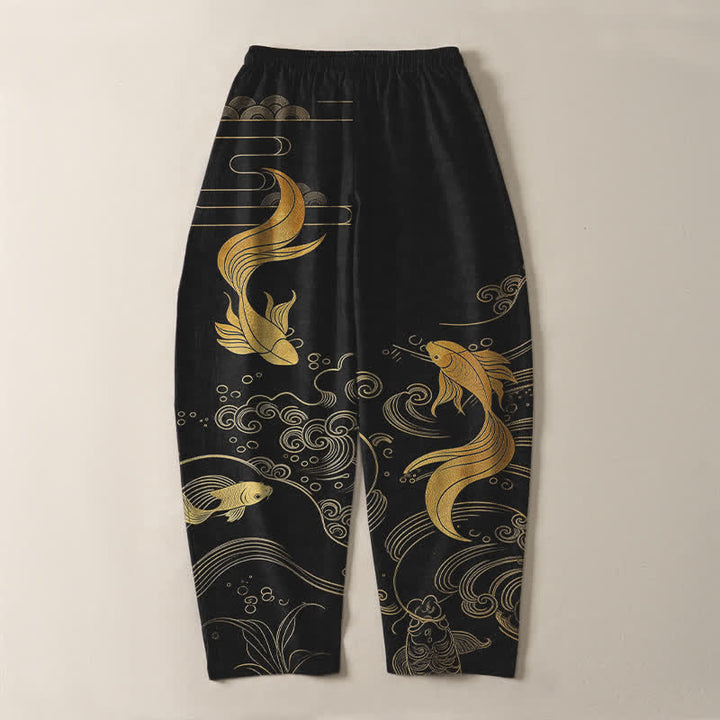 Buddha Stones Pantalon fuselé pour homme en pur coton avec cordon de serrage, motif vagues de carpes koï dorées et poches - image 3