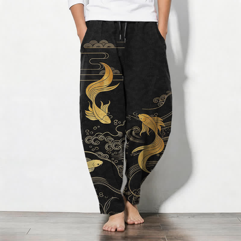 Buddha Stones Pantalon fuselé pour homme en pur coton avec cordon de serrage, motif vagues de carpes koï dorées et poches - Noir - US/UK/AU50，EU60 (5XL) - image 0