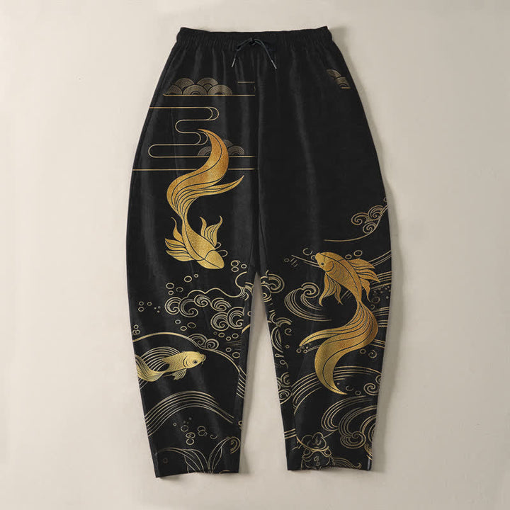 Buddha Stones Pantalon fuselé pour homme en pur coton avec cordon de serrage, motif vagues de carpes koï dorées et poches - image 2