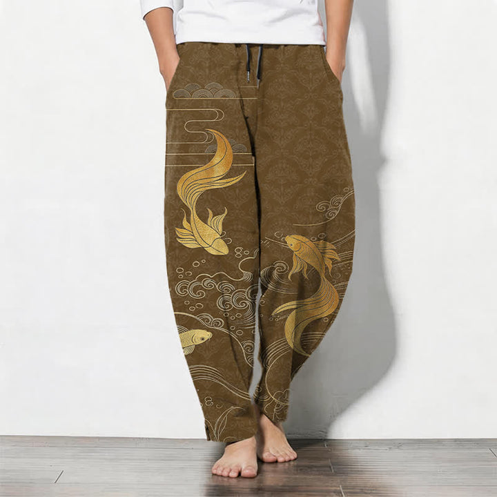 Buddha Stones Pantalon fuselé pour homme en pur coton avec cordon de serrage, motif vagues de carpes koï dorées et poches - SaddleBrown - US/UK/AU50，EU60 (5XL) - image 7
