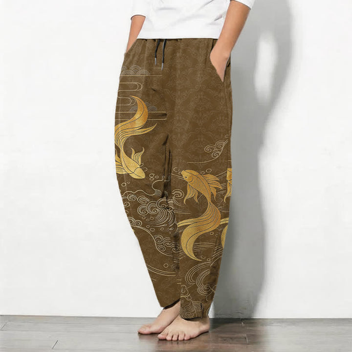 Buddha Stones Pantalon fuselé pour homme en pur coton avec cordon de serrage, motif vagues de carpes koï dorées et poches - image 8