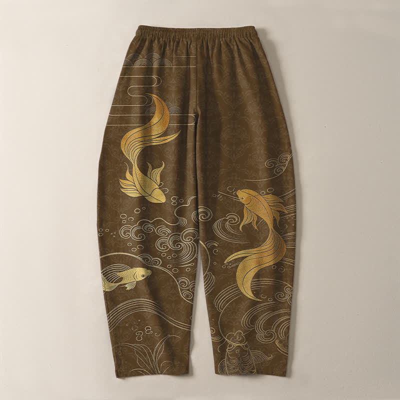 Buddha Stones Pantalon fuselé pour homme en pur coton avec cordon de serrage, motif vagues de carpes koï dorées et poches - image 10