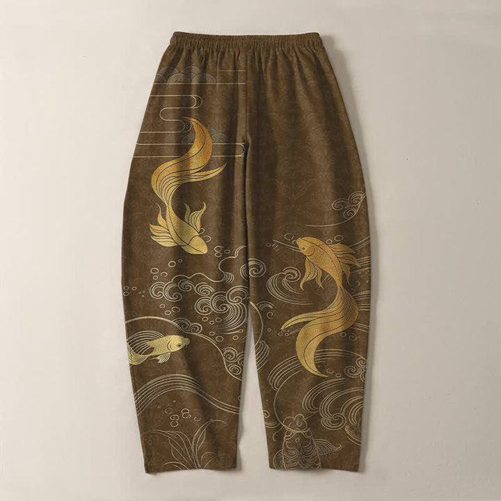 Buddha Stones Pantalon fuselé pour homme en pur coton avec cordon de serrage, motif vagues de carpes koï dorées et poches - image 10