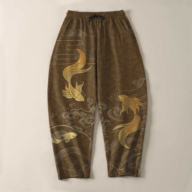 Buddha Stones Pantalon fuselé pour homme en pur coton avec cordon de serrage, motif vagues de carpes koï dorées et poches - image 9