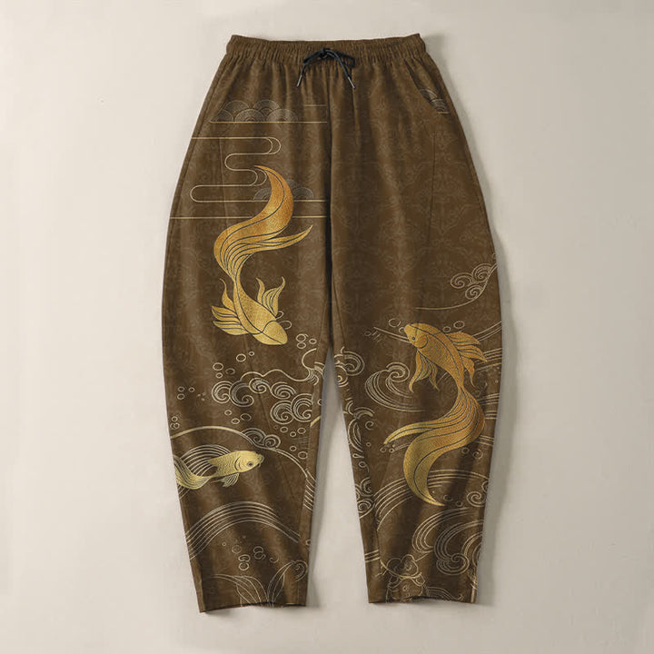 Buddha Stones Pantalon fuselé pour homme en pur coton avec cordon de serrage, motif vagues de carpes koï dorées et poches - image 9