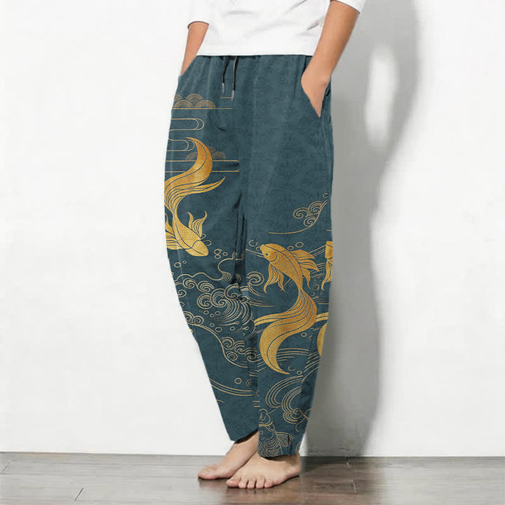 Buddha Stones Pantalon fuselé pour homme en pur coton avec cordon de serrage, motif vagues de carpes koï dorées et poches - image 12