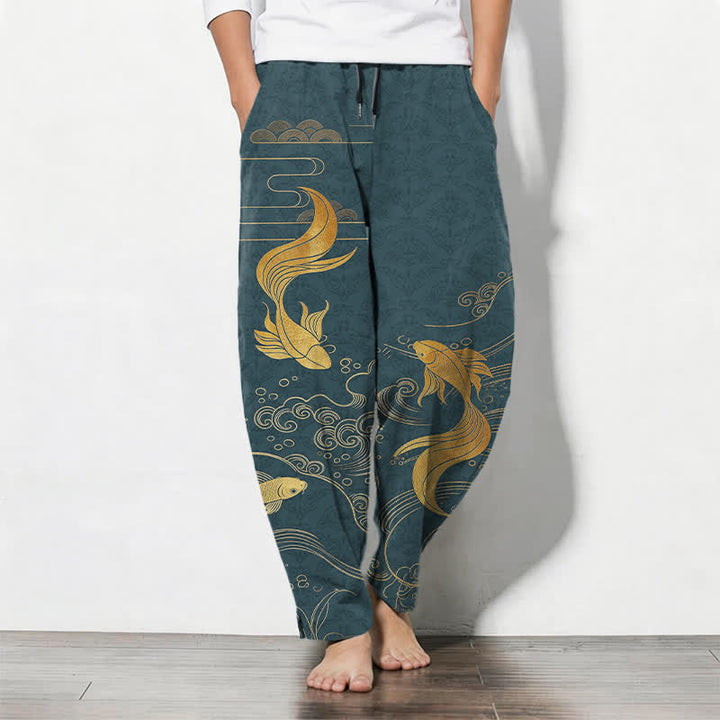 Buddha Stones Pantalon fuselé pour homme en pur coton avec cordon de serrage, motif vagues de carpes koï dorées et poches - Sarcelle - US/UK/AU50，EU60 (5XL) - image 11