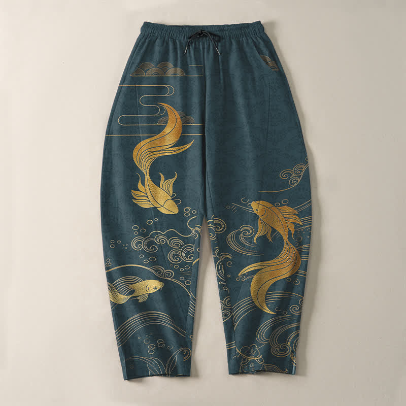 Buddha Stones Pantalon fuselé pour homme en pur coton avec cordon de serrage, motif vagues de carpes koï dorées et poches - image 13