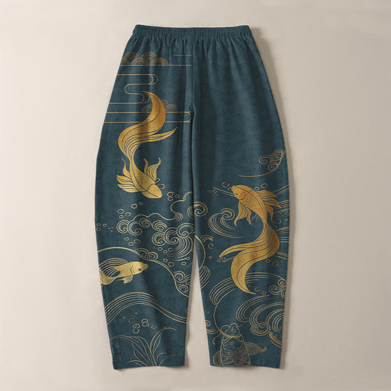 Buddha Stones Pantalon fuselé pour homme en pur coton avec cordon de serrage, motif vagues de carpes koï dorées et poches - image 14