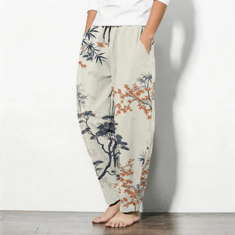 Buddha Stones Pantalon fuselé pour homme en pur coton, motif érable, bambou et pin, avec cordon de serrage et poches. - image 1