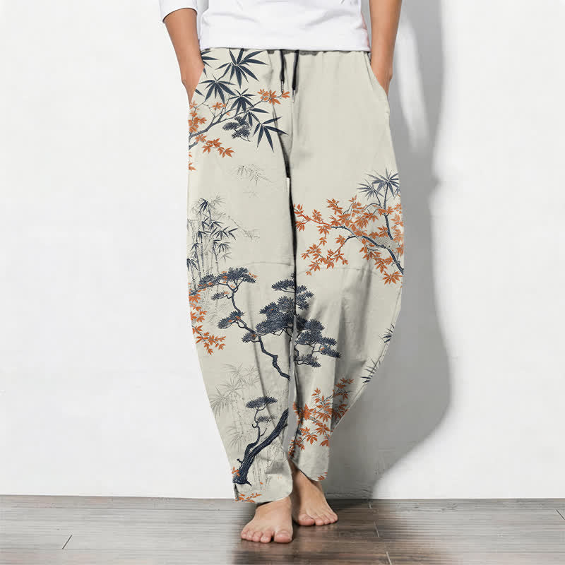 Buddha Stones Pantalon fuselé pour homme en pur coton, motif érable, bambou et pin, avec cordon de serrage et poches. - Lin - US/UK/AU50，EU60 (5XL) - image 0