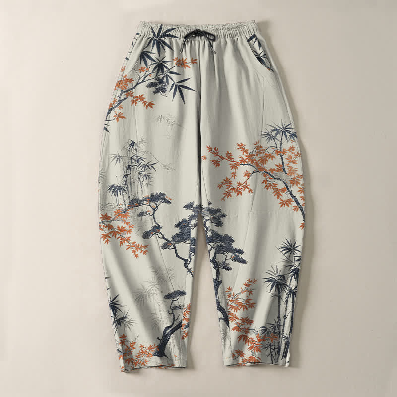 Buddha Stones Pantalon fuselé pour homme en pur coton, motif érable, bambou et pin, avec cordon de serrage et poches. - image 2