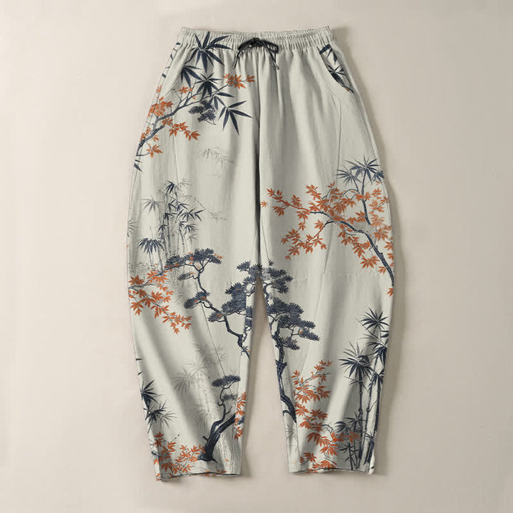Buddha Stones Pantalon fuselé pour homme en pur coton, motif érable, bambou et pin, avec cordon de serrage et poches. - image 2