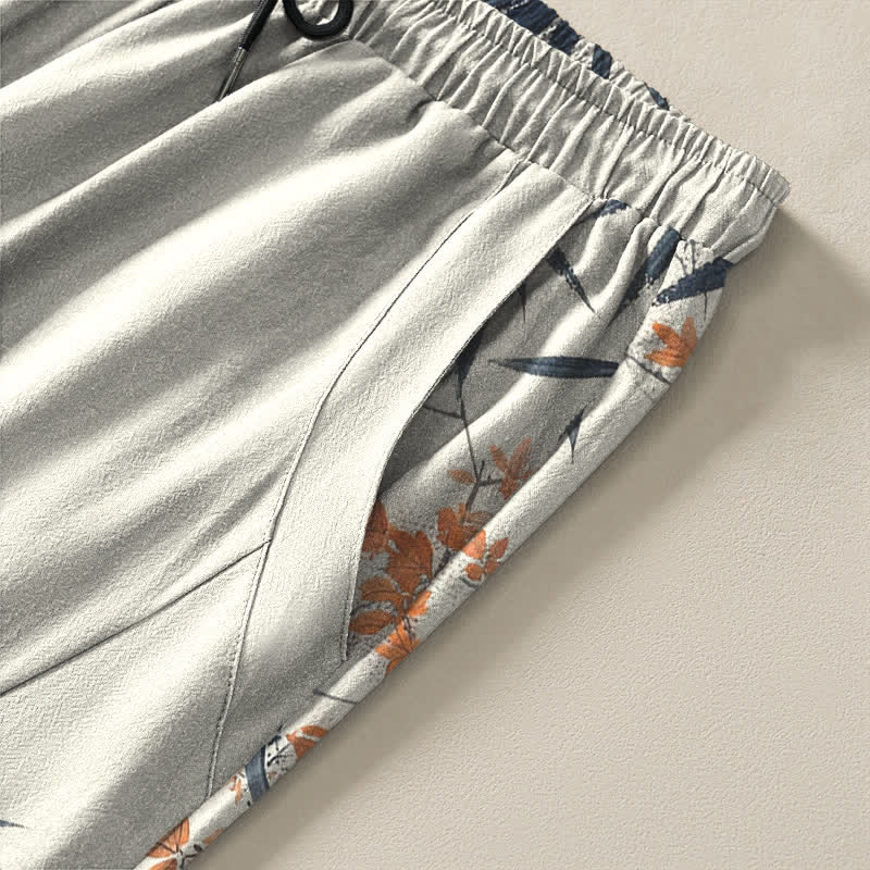Buddha Stones Pantalon fuselé pour homme en pur coton, motif érable, bambou et pin, avec cordon de serrage et poches. - image 4