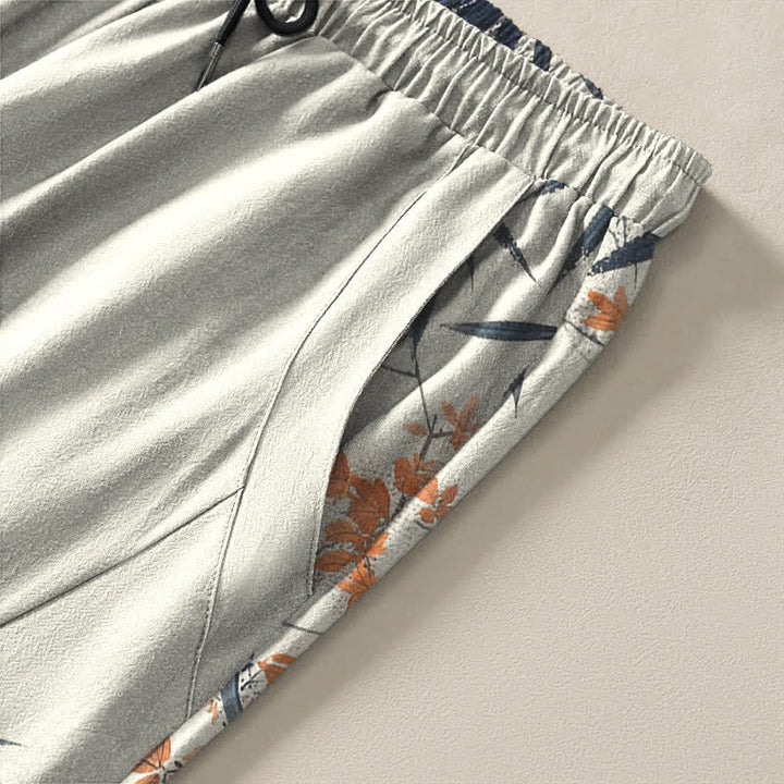 Buddha Stones Pantalon fuselé pour homme en pur coton, motif érable, bambou et pin, avec cordon de serrage et poches. - image 4