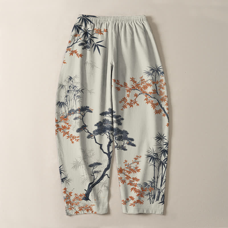 Buddha Stones Pantalon fuselé pour homme en pur coton, motif érable, bambou et pin, avec cordon de serrage et poches. - image 3