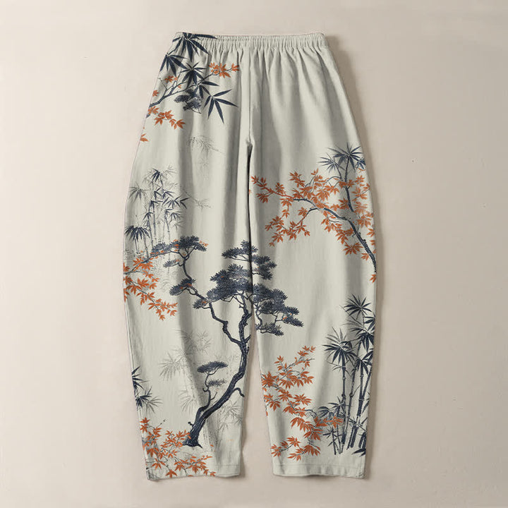 Buddha Stones Pantalon fuselé pour homme en pur coton, motif érable, bambou et pin, avec cordon de serrage et poches. - image 3