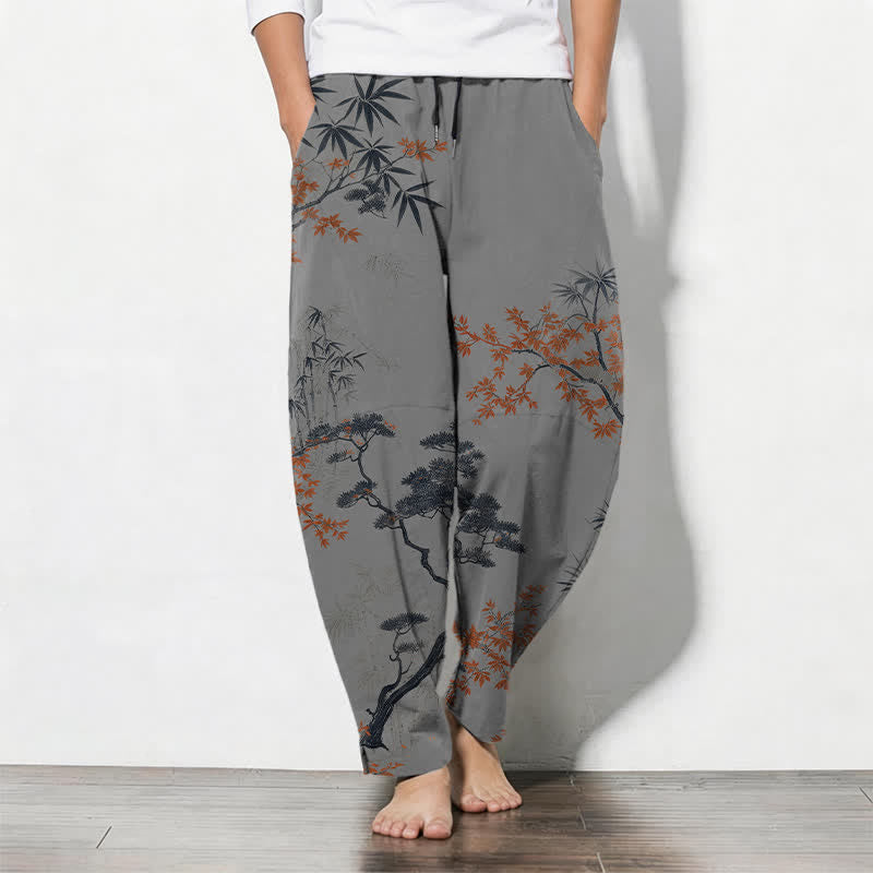 Buddha Stones Pantalon fuselé pour homme en pur coton, motif érable, bambou et pin, avec cordon de serrage et poches. - Gris - US/UK/AU50，EU60 (5XL) - image 7